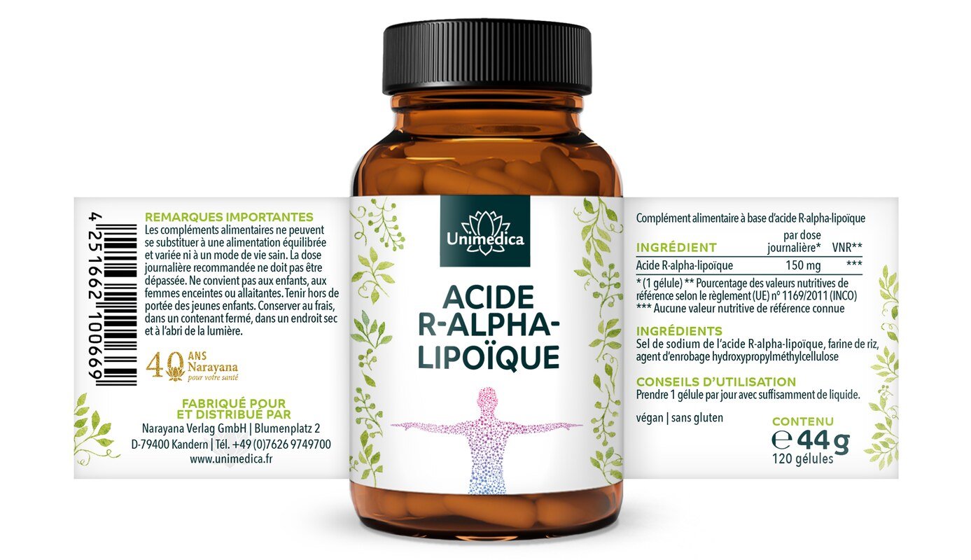 Acide R-alpha-lipoïque - 150 mg par dose journalière - 120 gélules - par Unimedica