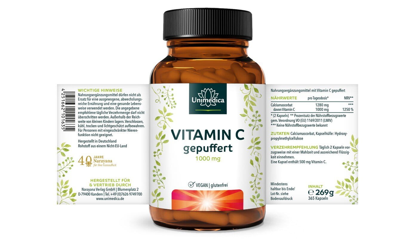 Vitamin C gepuffert - 1.000 mg pro Tagesdosis (2 Kapseln) - 99 % Reinheit - 365 Kapseln - von Unimedica