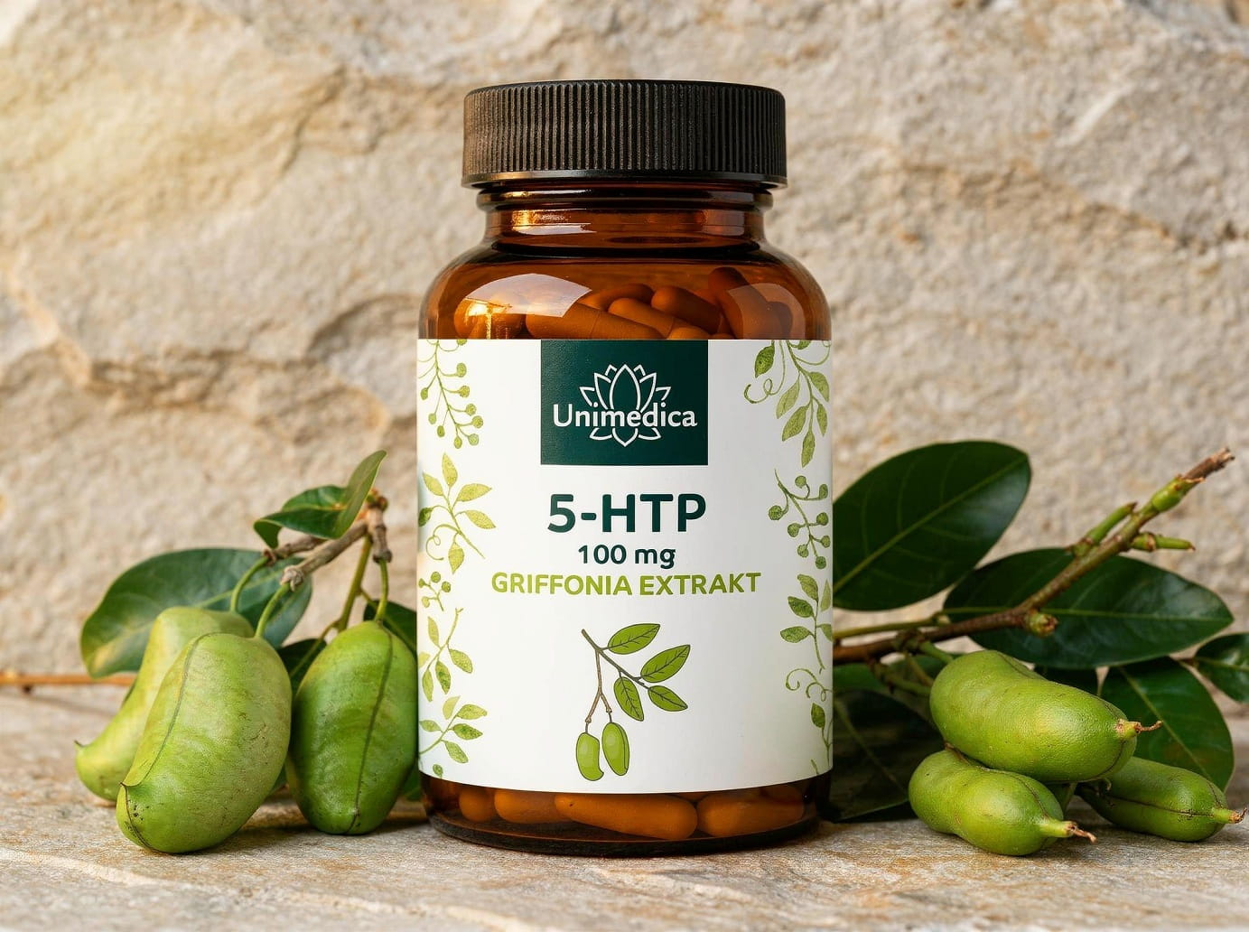 Extrait de Griffonia 5-HTP – 100 mg de 5-HTP par dose journalière (1 gélule) – 90 gélules – par Unimedica