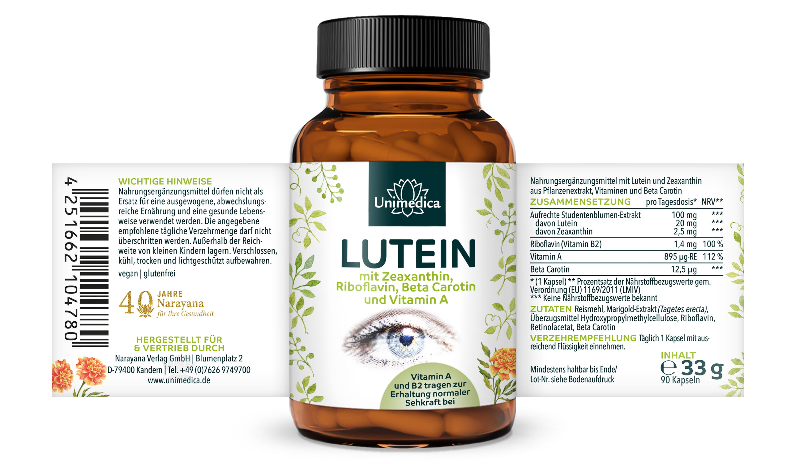 Lutein - mit Zeaxanthin + Vitamin B2 + Beta Carotin + Vitamin A - 90 Kapseln - von Unimedica