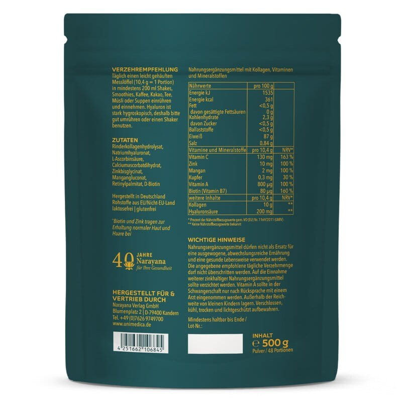 Uniglow Beauty Kollagen - Komplex mit Kollagen aus Grasfütterung + Vitamin C, Biotin und Zink -  500 g Pulver - von Unimedica