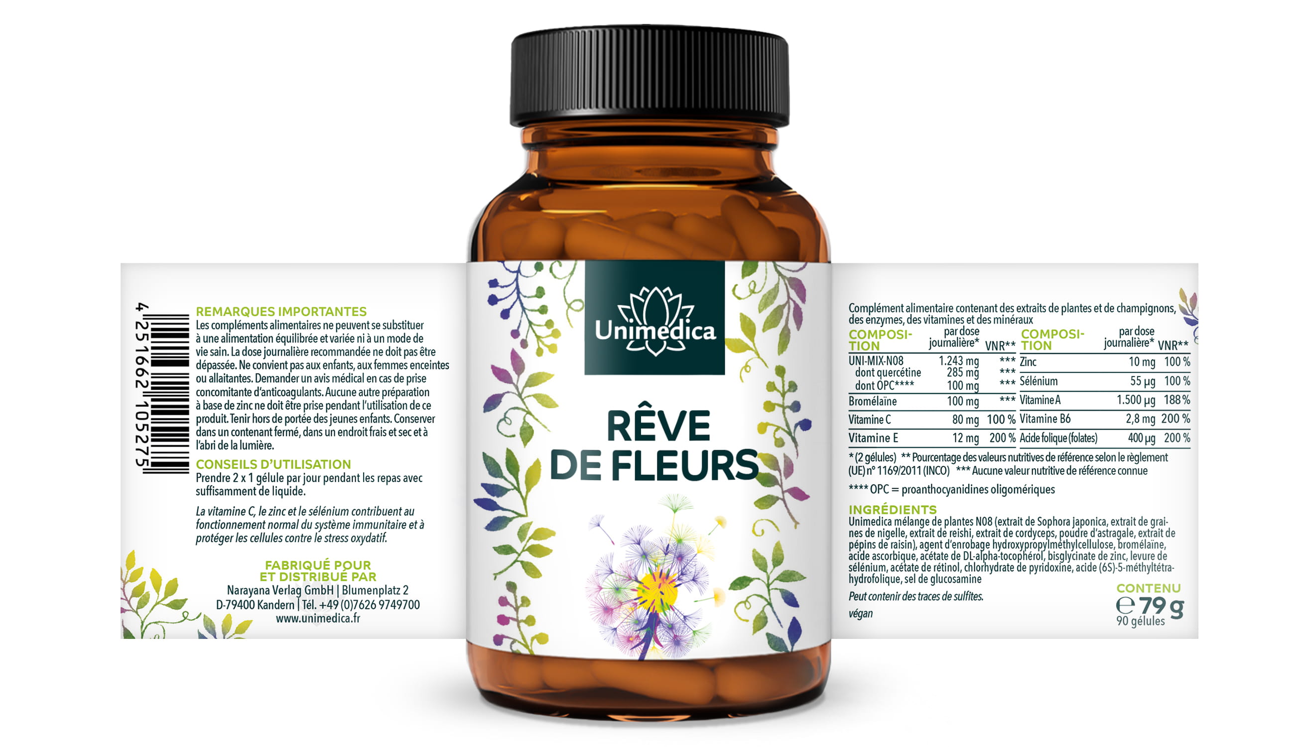 Rêve de fleurs - complexe contenant de la quercétine, un extrait de graine de nigelle, du curcuma, du zinc et des vitamines - 90 gélules - par Unimedica