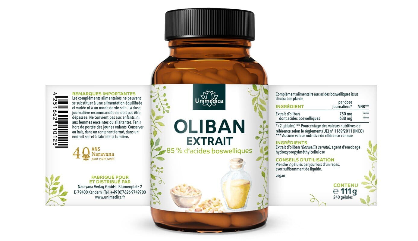 PRÉCOMMANDEZ MAINTENANT : Extrait d'oliban - 85 % d'acides boswelliques - 375 mg par gélule - 240 gélules - par Unimedica