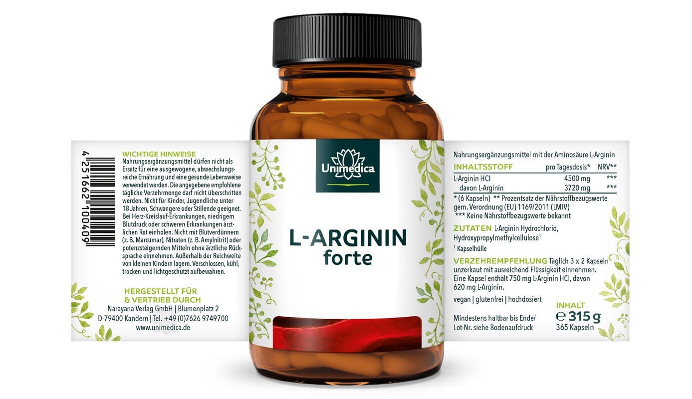 2er-Sparset: L-Arginin forte - 3720 mg pro Tagesdosis (6 Kapseln) - aus natürlicher Fermentation - hochdosiert - vegan - 2 x 365 Kapseln - von Unimedica