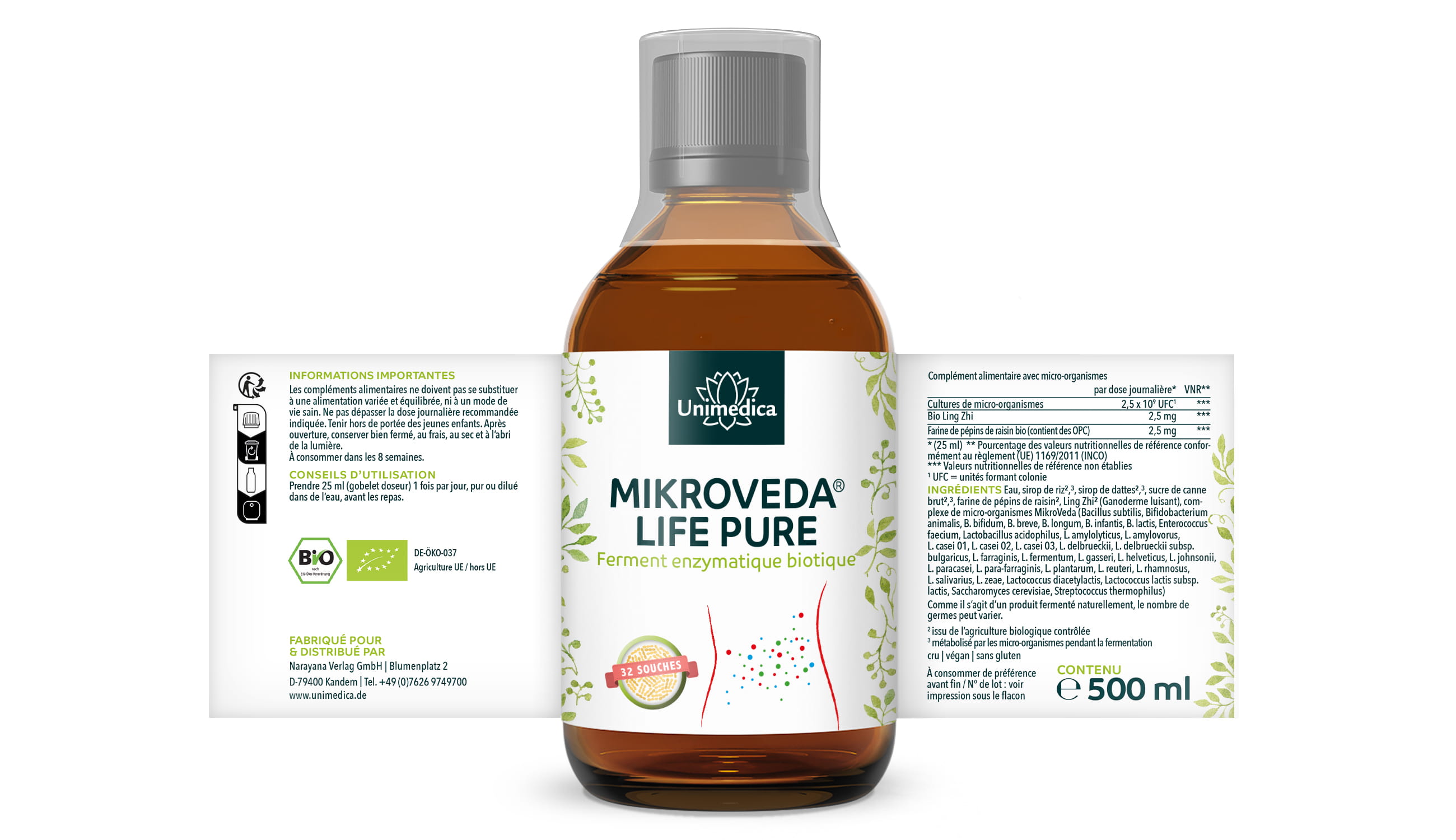MikroVeda® Life Pure - Ferment enzymatique biotique - Qualité biologique - 32 souches bactériennes - complexe de micro‑organismes vivants - en symbiose naturelle - 500 ml