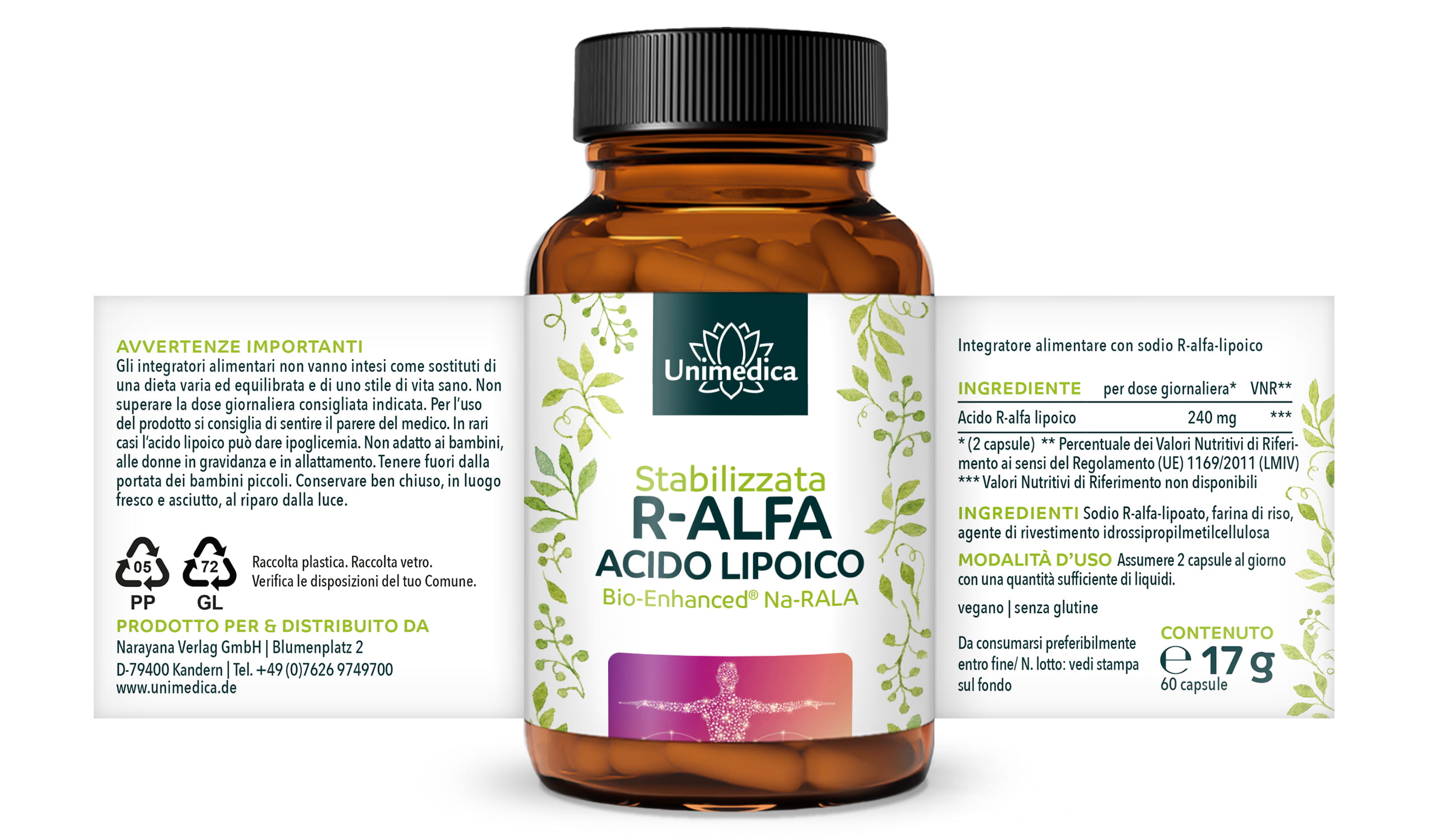 Sale sodico dell'acido R-alfa-lipoico - Bio Enhanced® - 240 mg per dose giornaliera (2 capsule) - 60 capsule - di Unimedica
