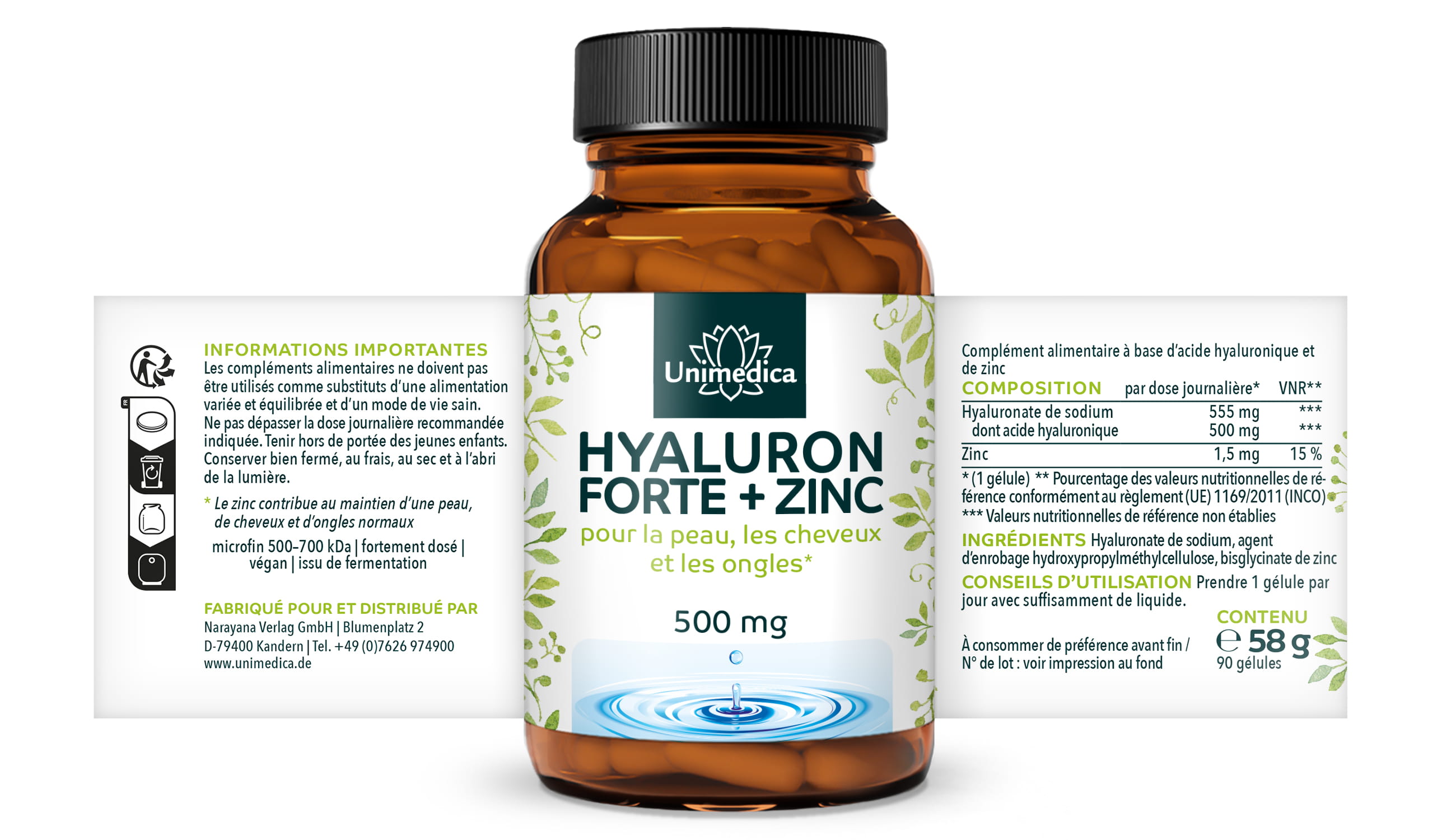 Acide hyaluronique forte  avec zinc pour la peau, les cheveux et les ongles* - 500 mg d'acide hyaluronique par dose journalière (1 gélule)  hautement dosé - 90 gélules - par Unimedica