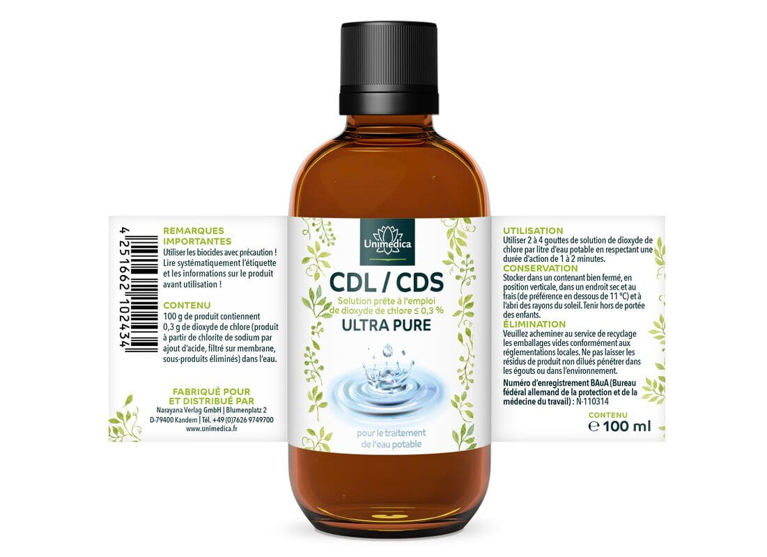 Lot de 2: Solution de dioxyde de chlore CDL/CDS - ULTRA PURE - ≤ 0,3 % prête à l'emploi - 2 x 100 ml  d'Unimedica