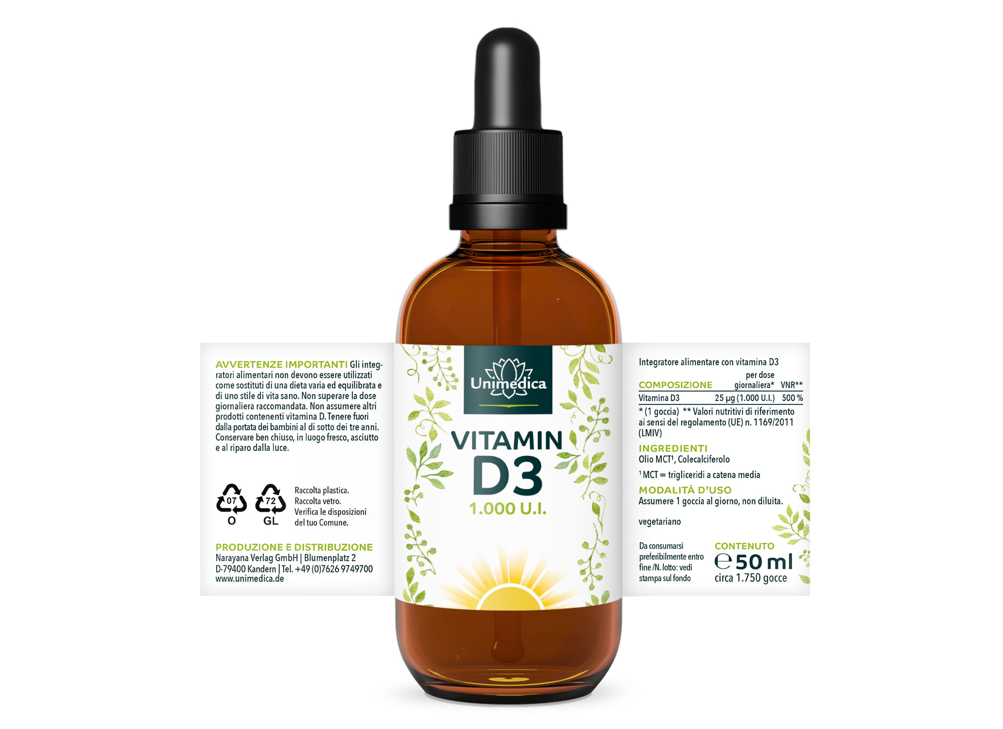 Gocce di vitamina D3 - 1000 UI / 25 µg per dose giornaliera - 50 ml - di Unimedica