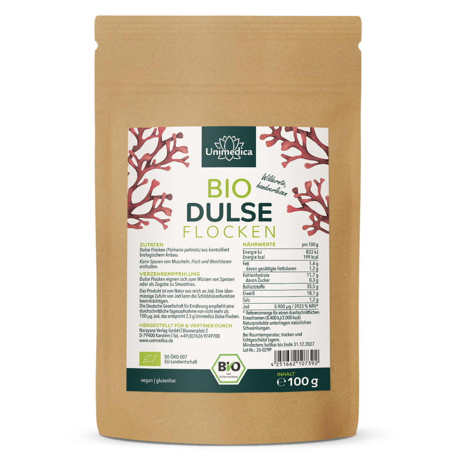 Organic Dulse Flakes  premium quality from France  without traces of mussel  100 g  from Unimedica