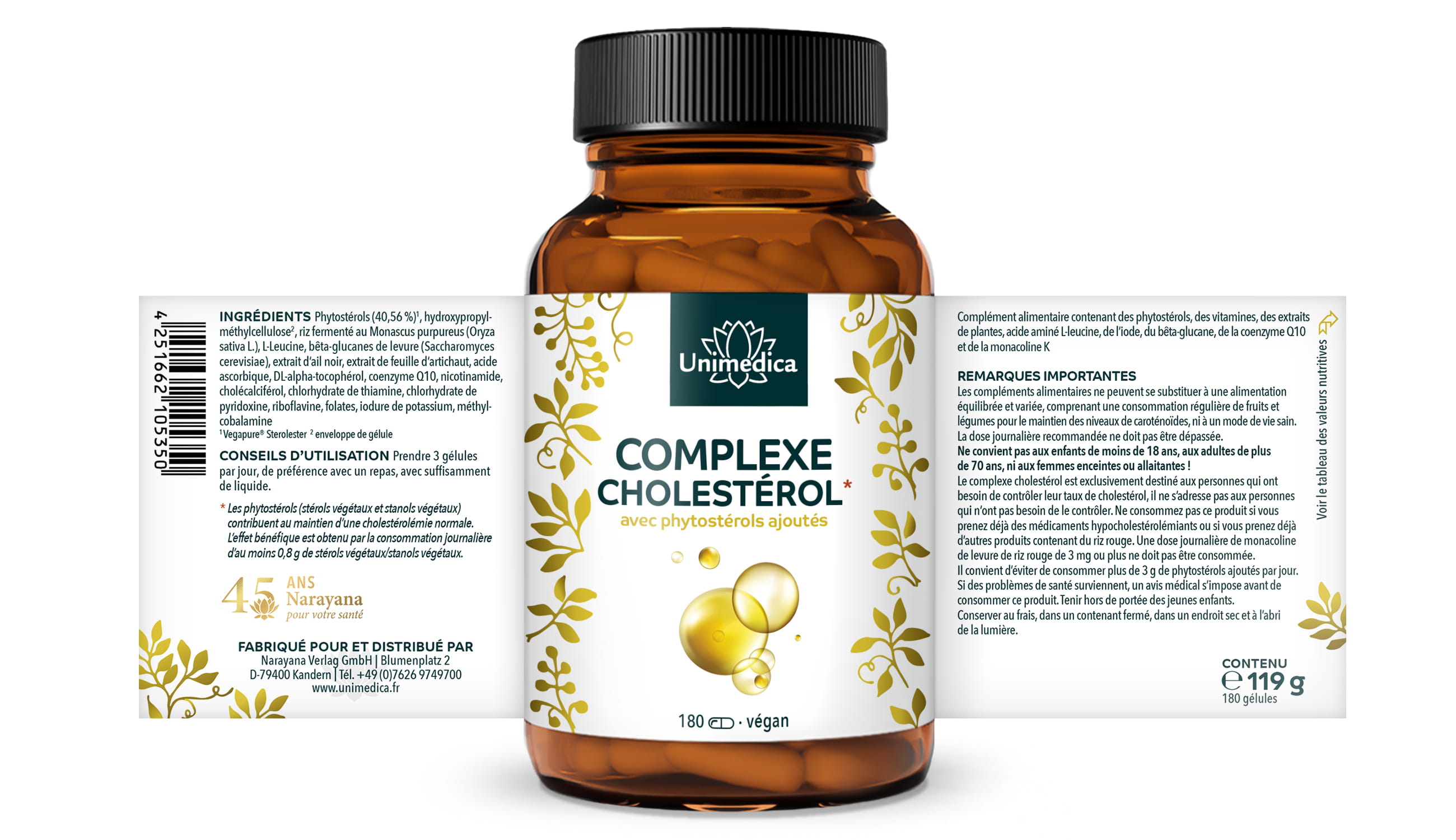 Complexe cholestérol* - avec 42,6 % de phytostérols  180 gélules  par Unimedica