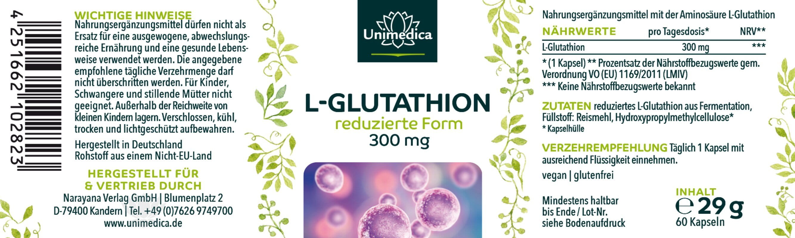 2er-Sparset: L-Glutathion - reduzierte Form aus natürlicher Fermentation - 300 mg pro Tagesdosis (1 Kapsel) - 2 x 60 Kapseln - von Unimedica