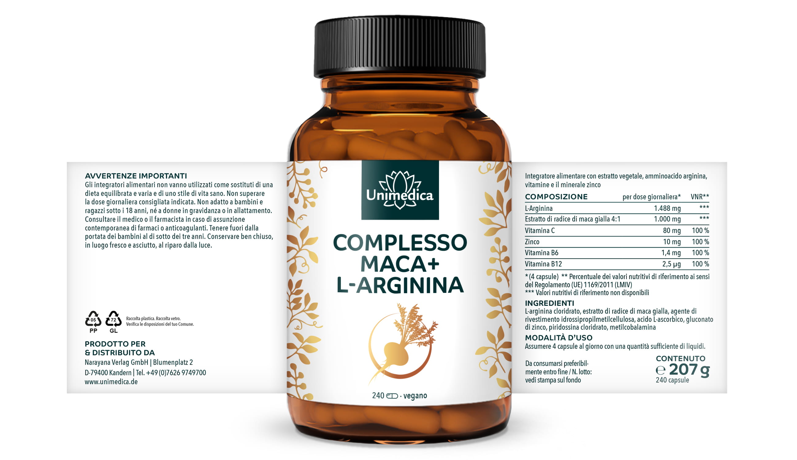Complesso di Maca e L-arginina - ad alta dose - 240 capsule - di Unimedica