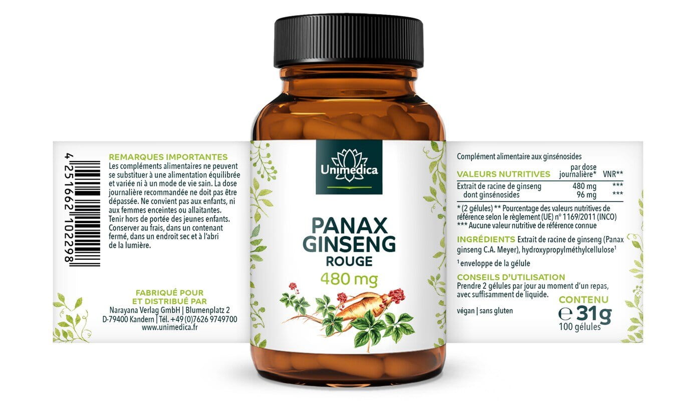 Extrait de Panax ginseng rouge Ginseng coréen C. A. Meyer  100 gélules  par Unimedica