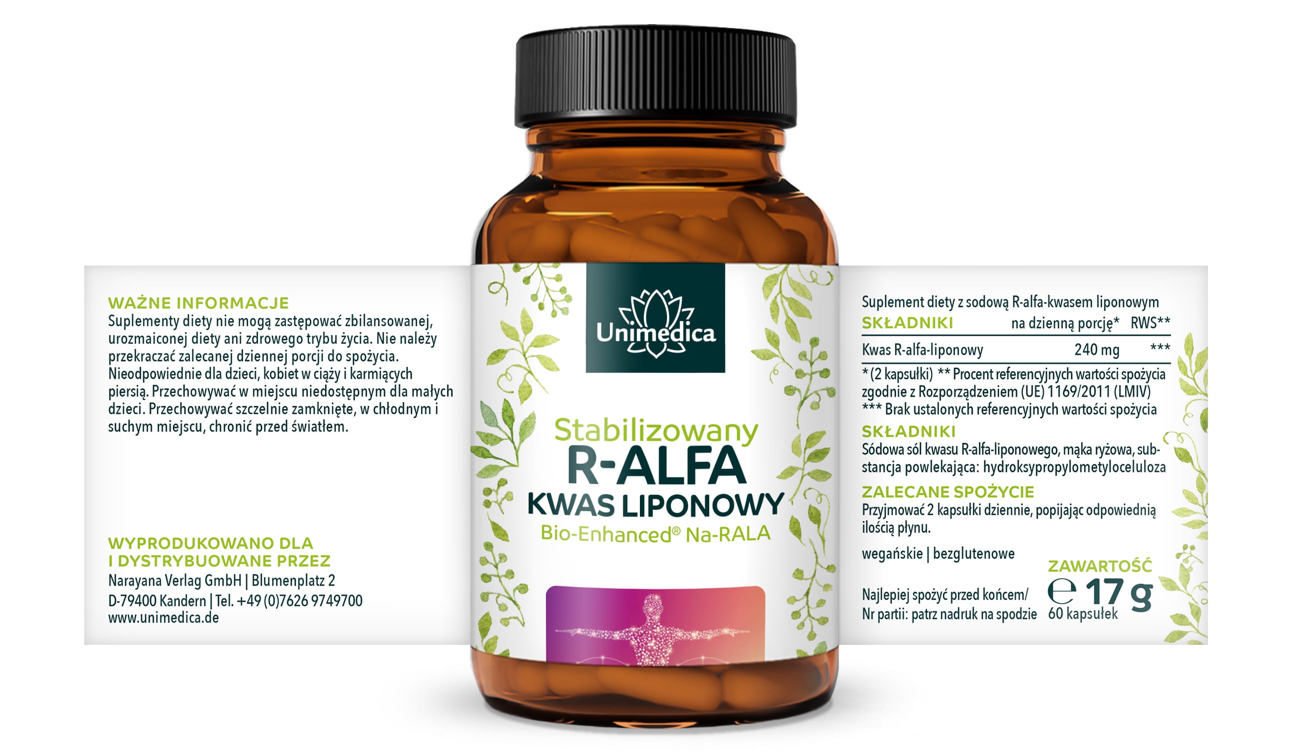 Sól sodowa R-kwasu alfa-liponowego - Bio Enhanced® - 240 mg na dzienną dawkę (2 kapsułki) - 60 kapsułek - od Unimedica