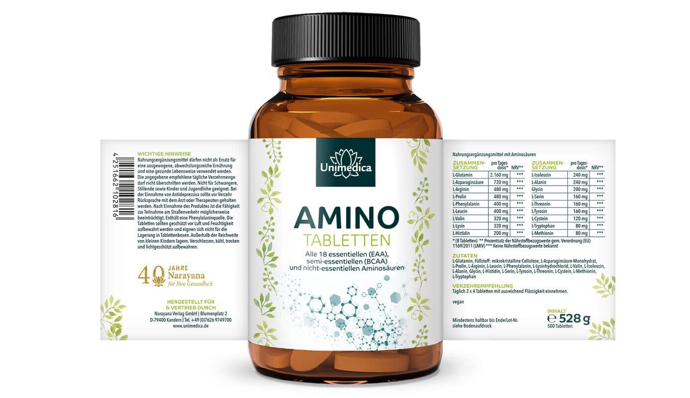 Amino Tabletten - 500 Tabletten à 1.000 mg - alle 18 essenziellen (EAA), semi-essenziellen (BCAA) und nicht-essenziellen Aminosäuren - von Unimedica