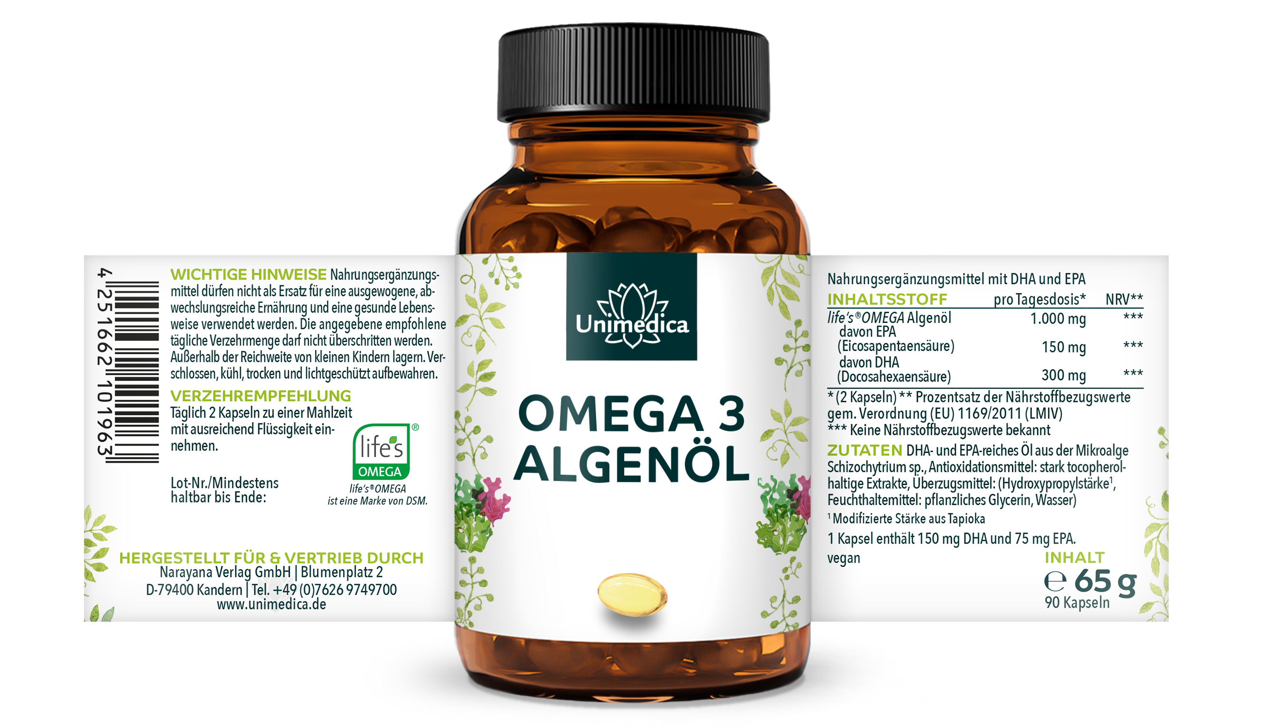 Omega 3 Algenöl Kapseln - vegan - 90 Kapseln - von Unimedica