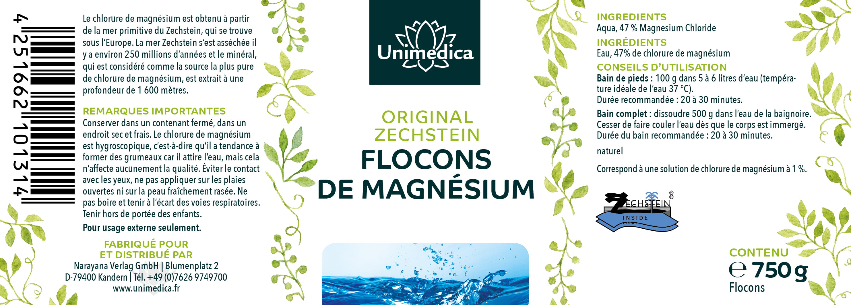 Flocons de magnésium Original Zechstein - 100 % naturel - 750 g - par Unimedica