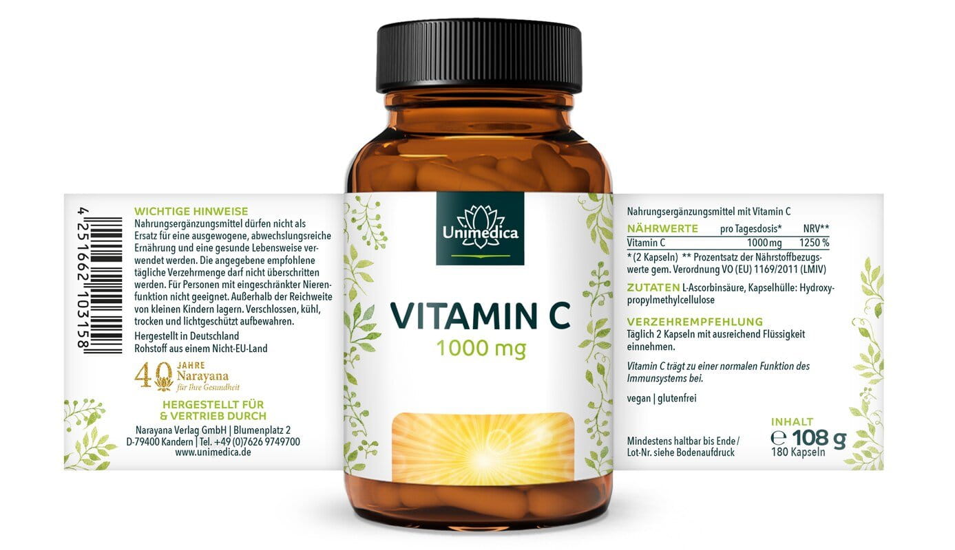 Vitamin C - 1.000 mg pro Tagesdosis (2 Kapseln) - 99 % Reinheit - 180 Kapseln - von Unimedica