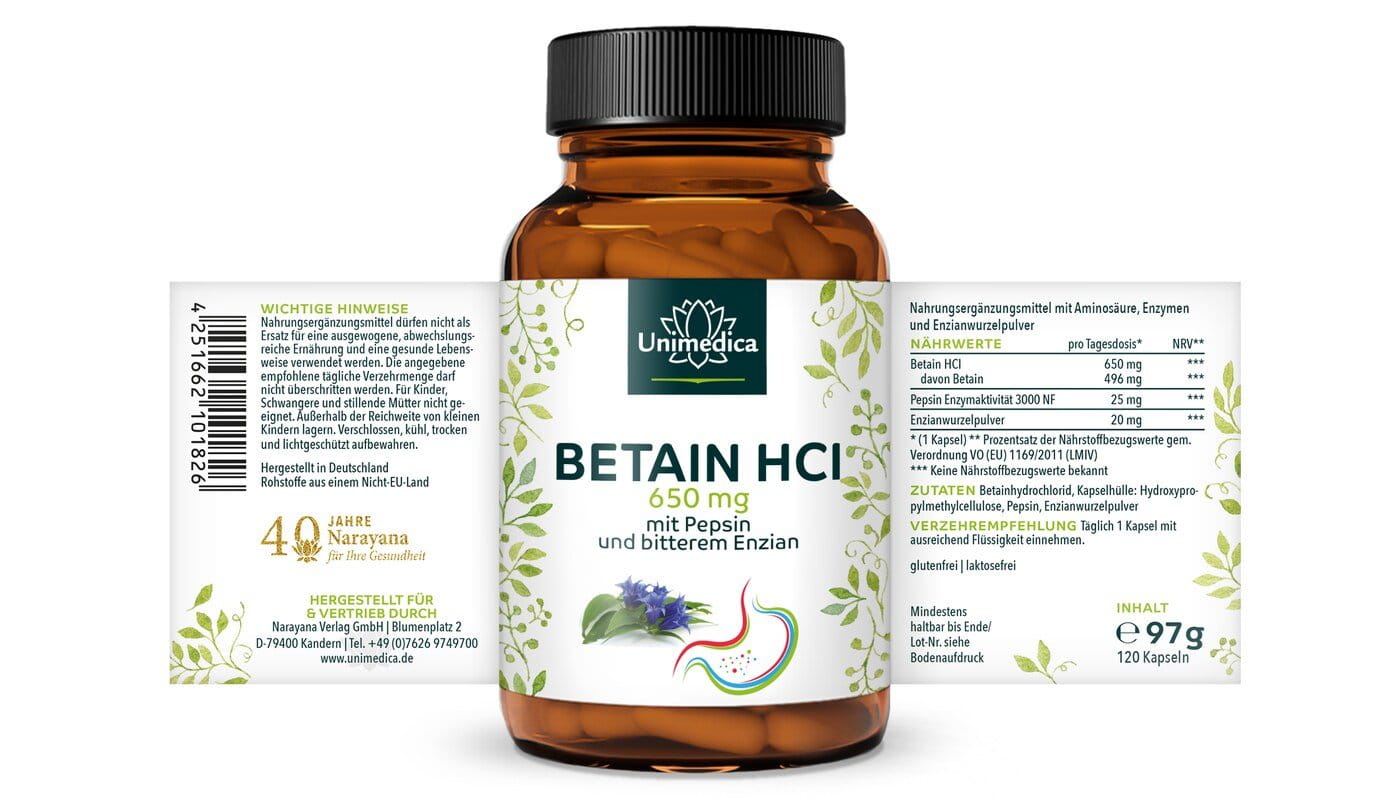 Betain HCl - 650 mg pro Tagesdosis (1 Kapsel) - mit Pepsin und bitterem Enzian - 120 Kapseln - von Unimedica