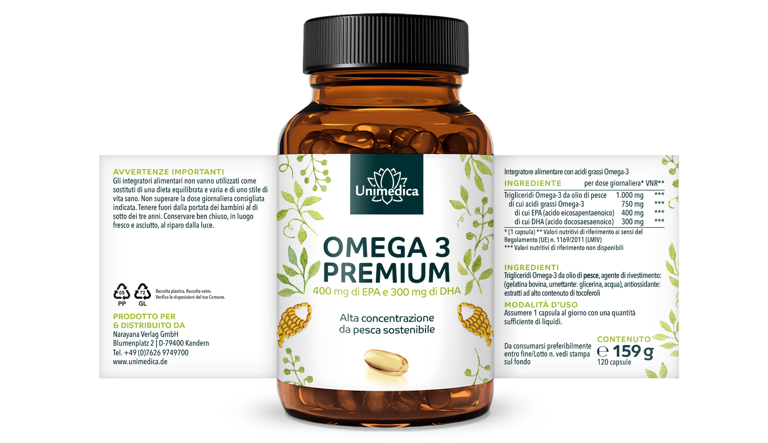 Omega 3 - Olio di pesce premium con 400 mg di EPA e 300 mg di DHA - ad alta concentrazione - da pesca sostenibile - 1.000 mg per dose giornaliera (1 capsula) - 120 capsule molli - di Unimedica