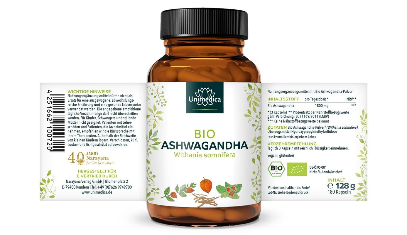 Bio Ashwagandha - 1.800 mg pro Tagesdosis (3 Kapseln) - hochdosiert - 180 Kapseln - von Unimedica