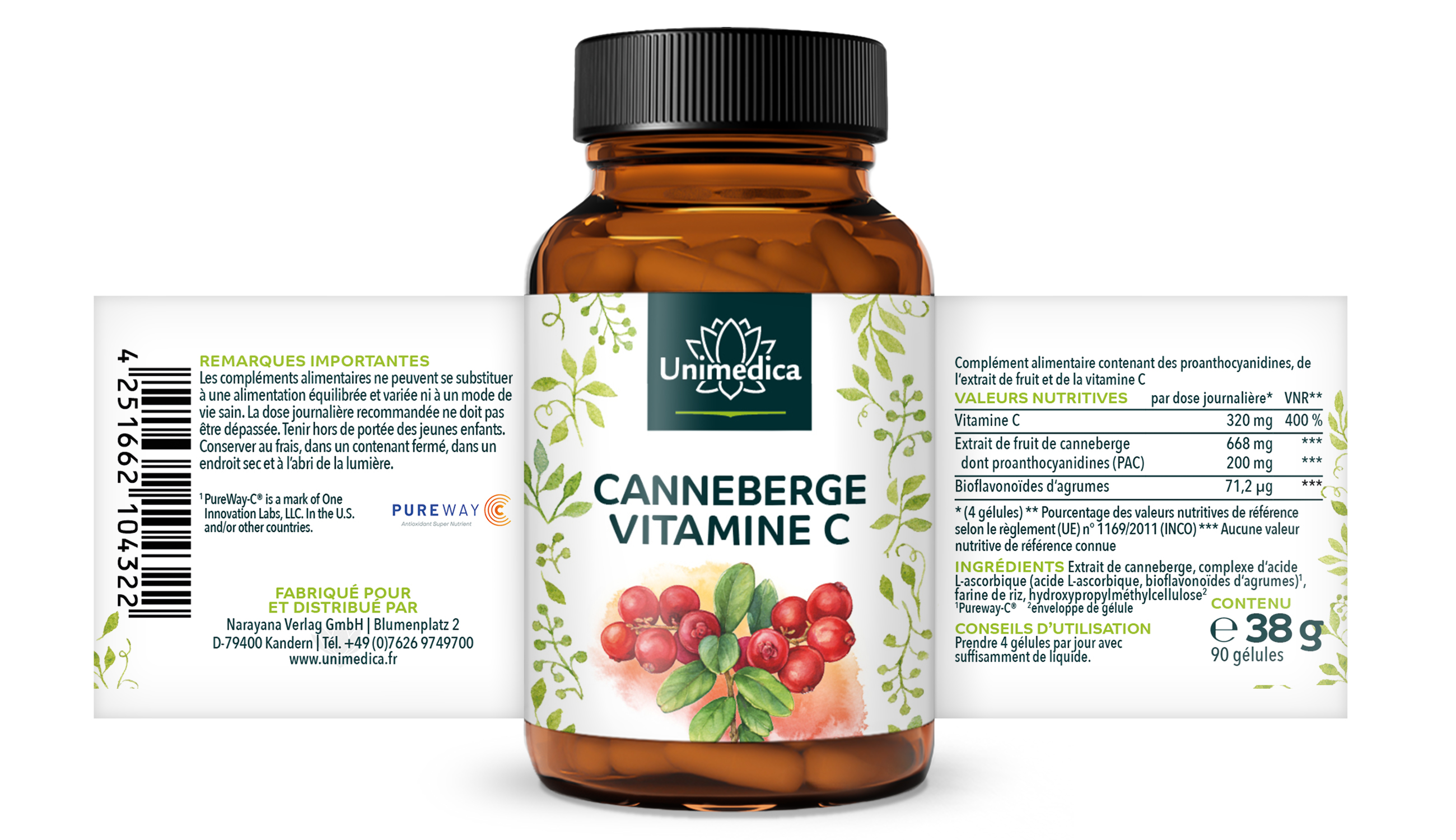 Lot de 2: Extrait de canneberge - 500 mg par dose journalière - avec de la vitamine C - 2 x 90 gélules - par Unimedica