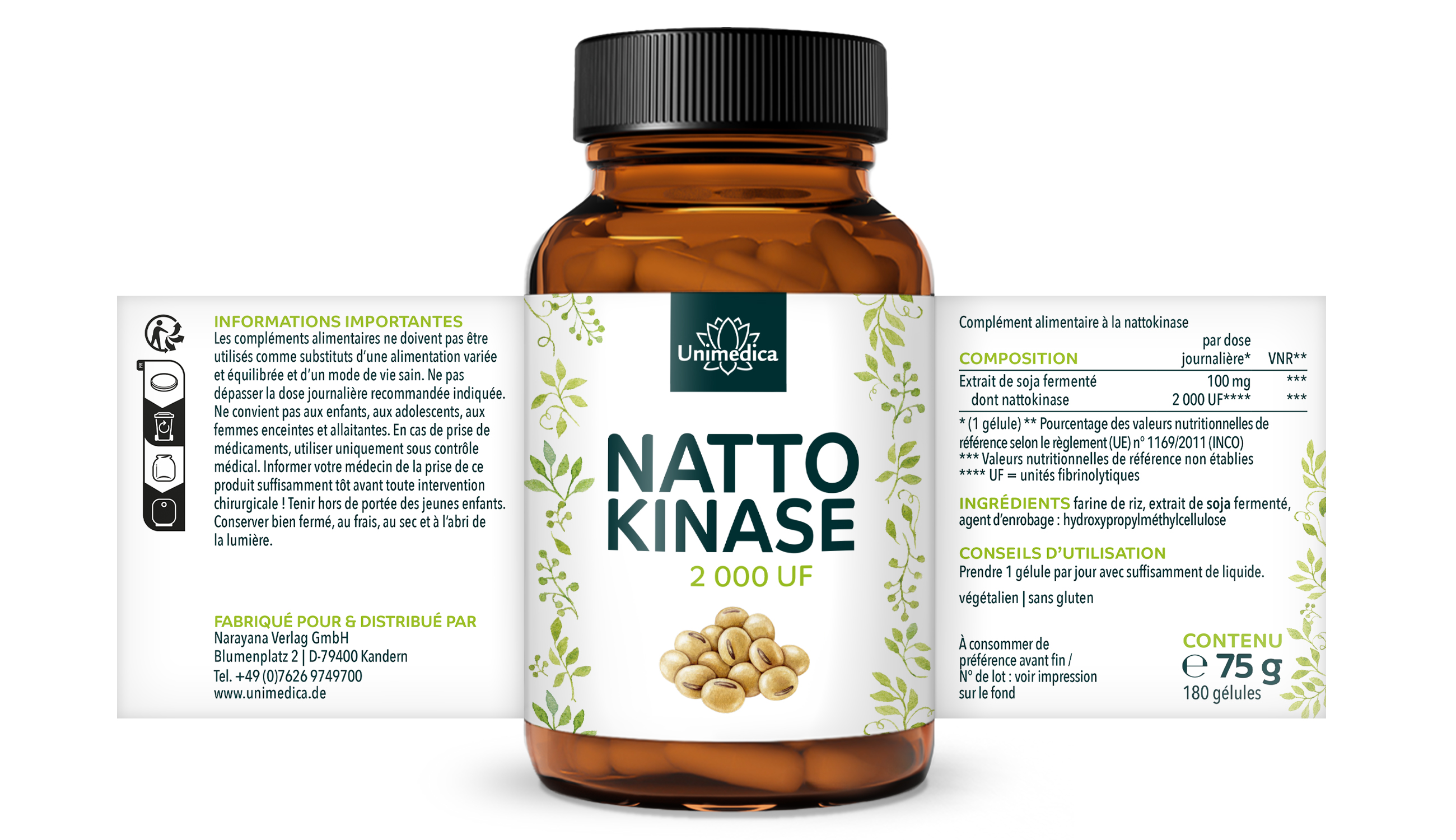 Nattokinase - 100 mg / 2 000 FU hautement dosée - 180 gélules - par Unimedica