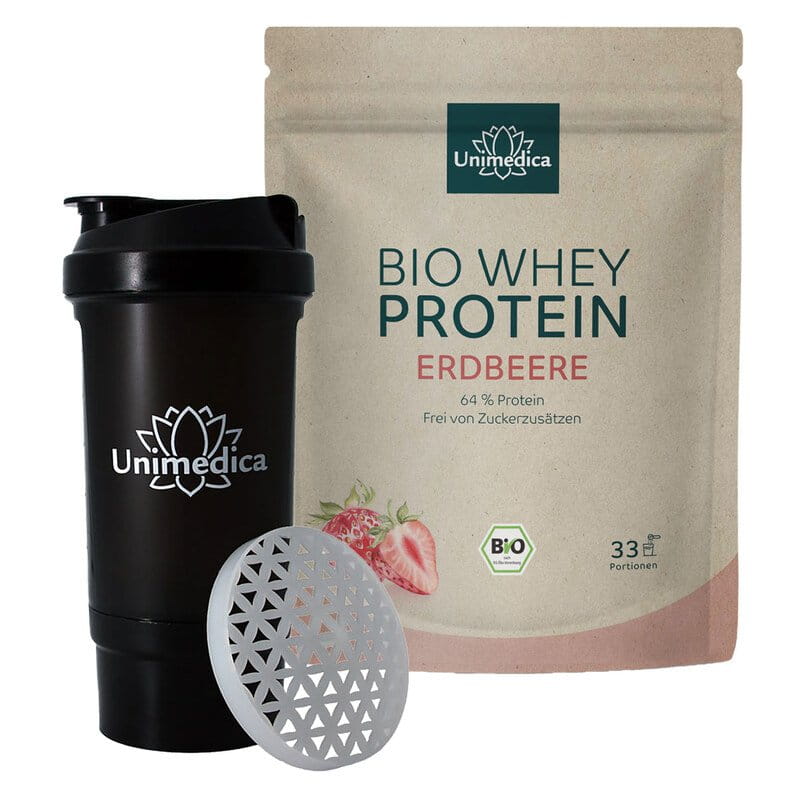 Starter Set: Organic Whey Protein - Strawberry - 64% Protein - 1 kg - by Unimedica + Unimedica Protein Shaker - 500 ml