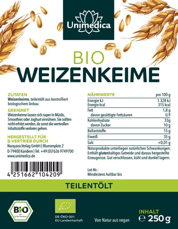 Bio Weizenkeime - teilentölt - 250 g - von Unimedica
