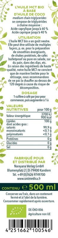 Huile MCT bio - C8 + C10 - 500 ml - d'Unimedica
