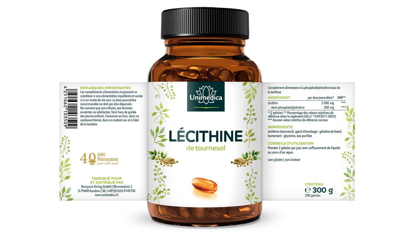 Lecithine  issue du tournesol  2 000 mg par dose journalière (2 gélules) - 200 gélules  par Unimedica