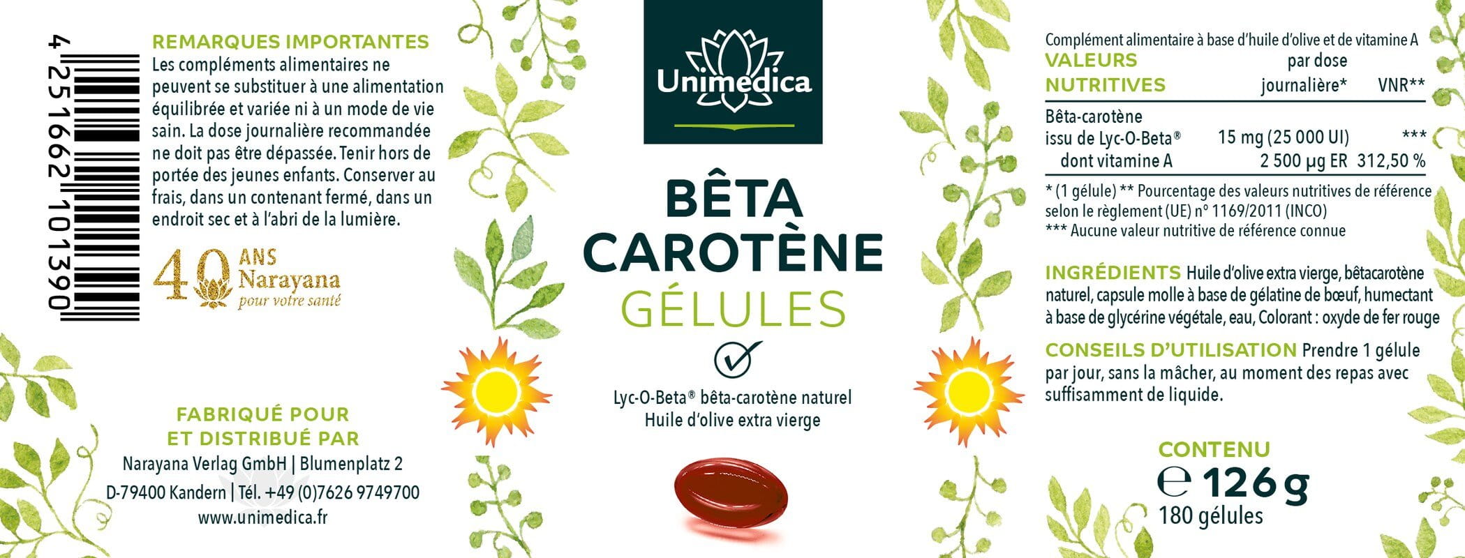 Lot de 2: Bêta-carotène - avec Lyc-O-Beta® - 25 000 UI - 2 x 180 gélules molles - par Unimedica