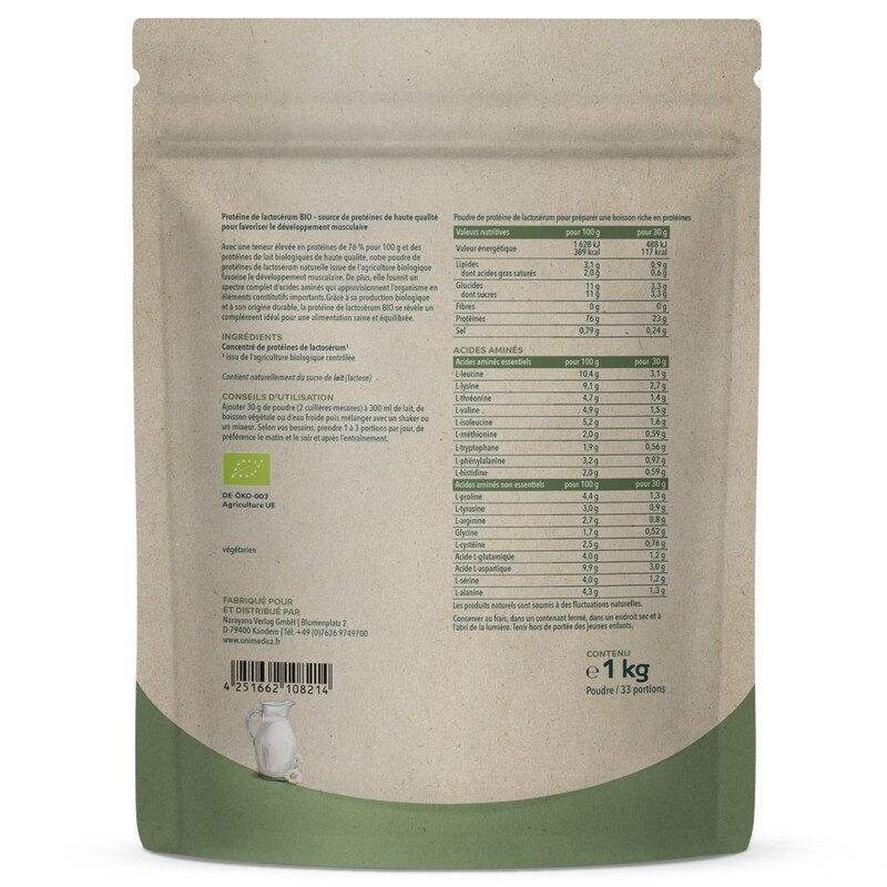 Protéine de lactosérum BIO - nature - 76 % de protéines - 1 kg  par Unimedica