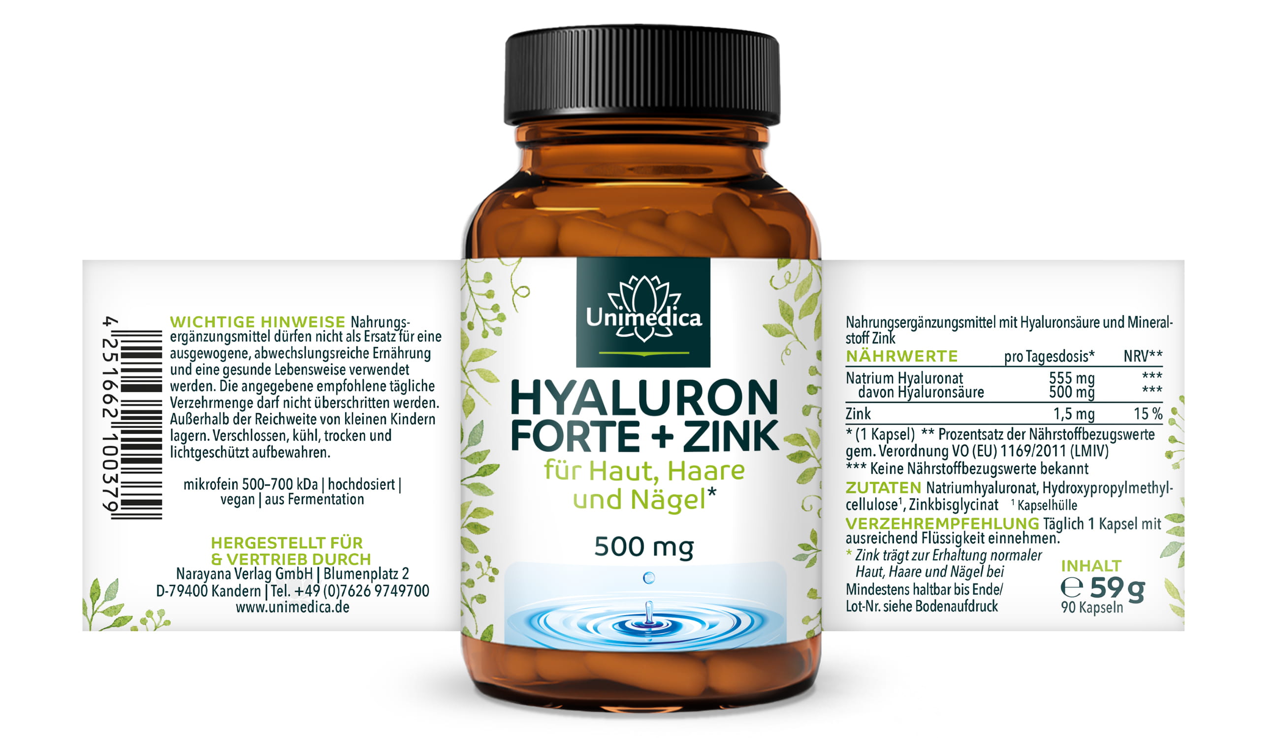 2er-Sparset: Hyaluron forte - mit Zink für Haut, Haare und Nägel* - 500 mg Hyaluron pro Tagesdosis (1 Kapsel) - hochdosiert - 2 x 90 Kapseln - von Unimedica