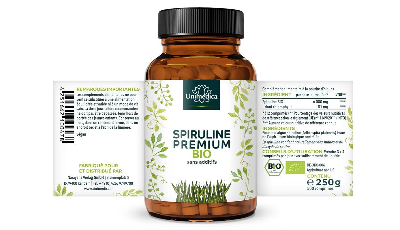 Spiruline BIO - 6000 mg par dose quotidienne ( 3 x 4 comprimés) - 500 comprimés - par Unimedica