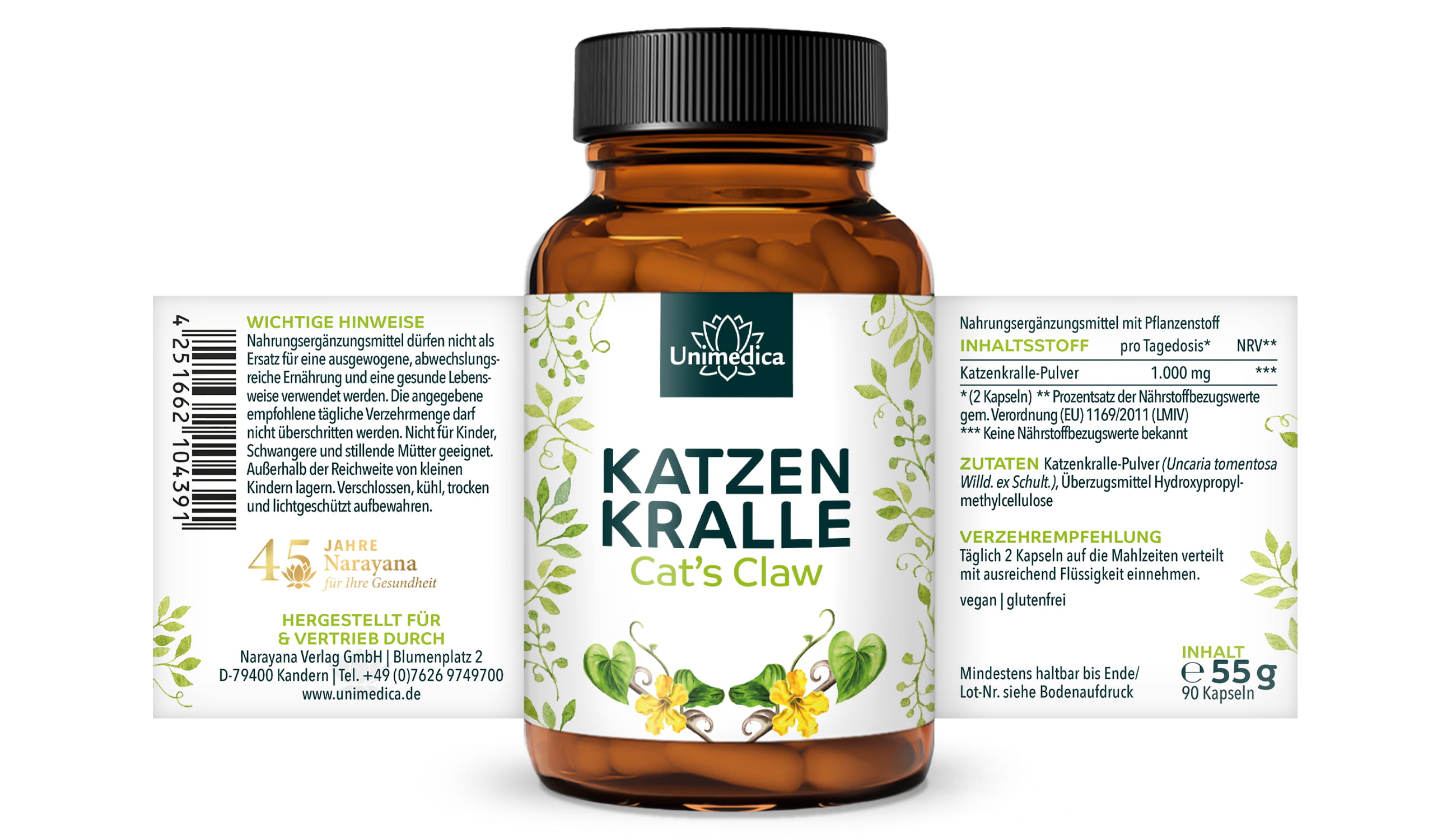 Katzenkralle - Cat´s Claw - 1000 mg pro Tagesdosis (2 Kapseln) - 90 Kapseln - von Unimedica