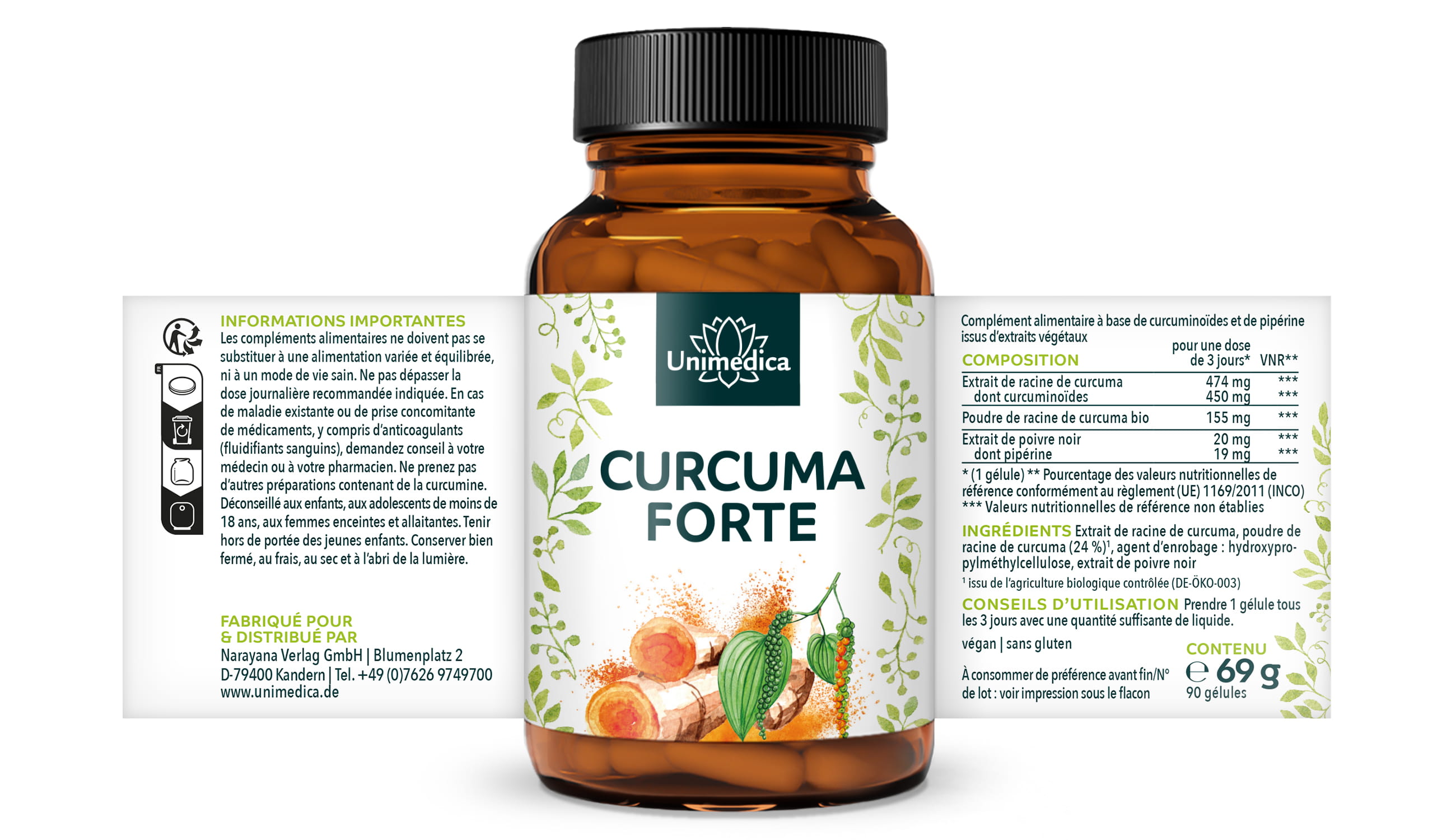 Curcuma FORTE  au poivre noir - 90 gélules - par Unimedica