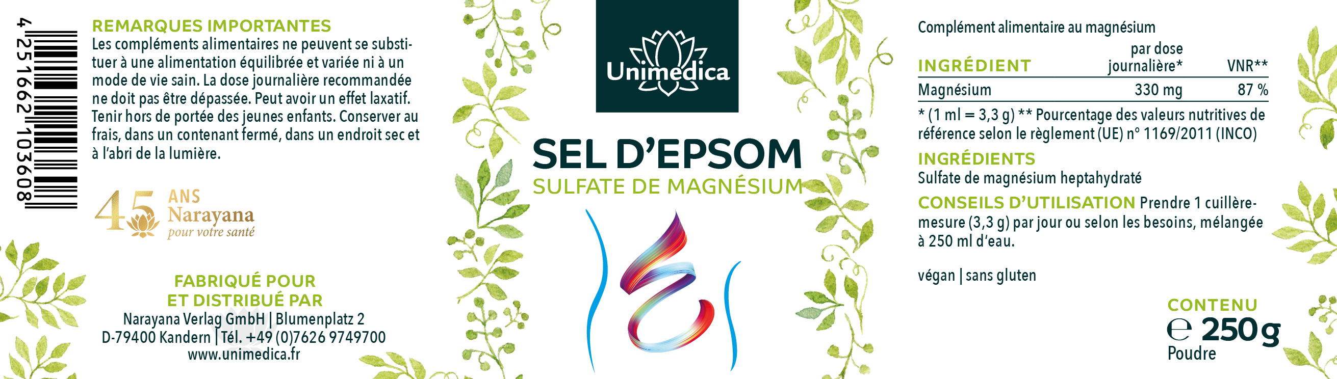 Sel d'Epsom - Sulfate de magnésium 330 mg - 250 g - par Unimedica
