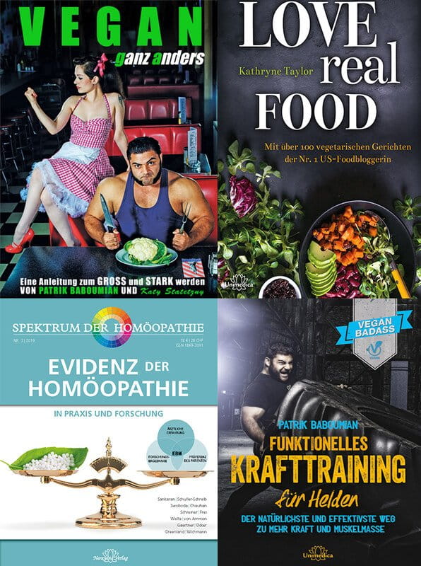 4er-Set - Unimedica Bücher - Love Real Food / VEGAN ganz anders / Funktionelles Krafttraining für Helden / Spektrum: Evidenz der Homöopathie