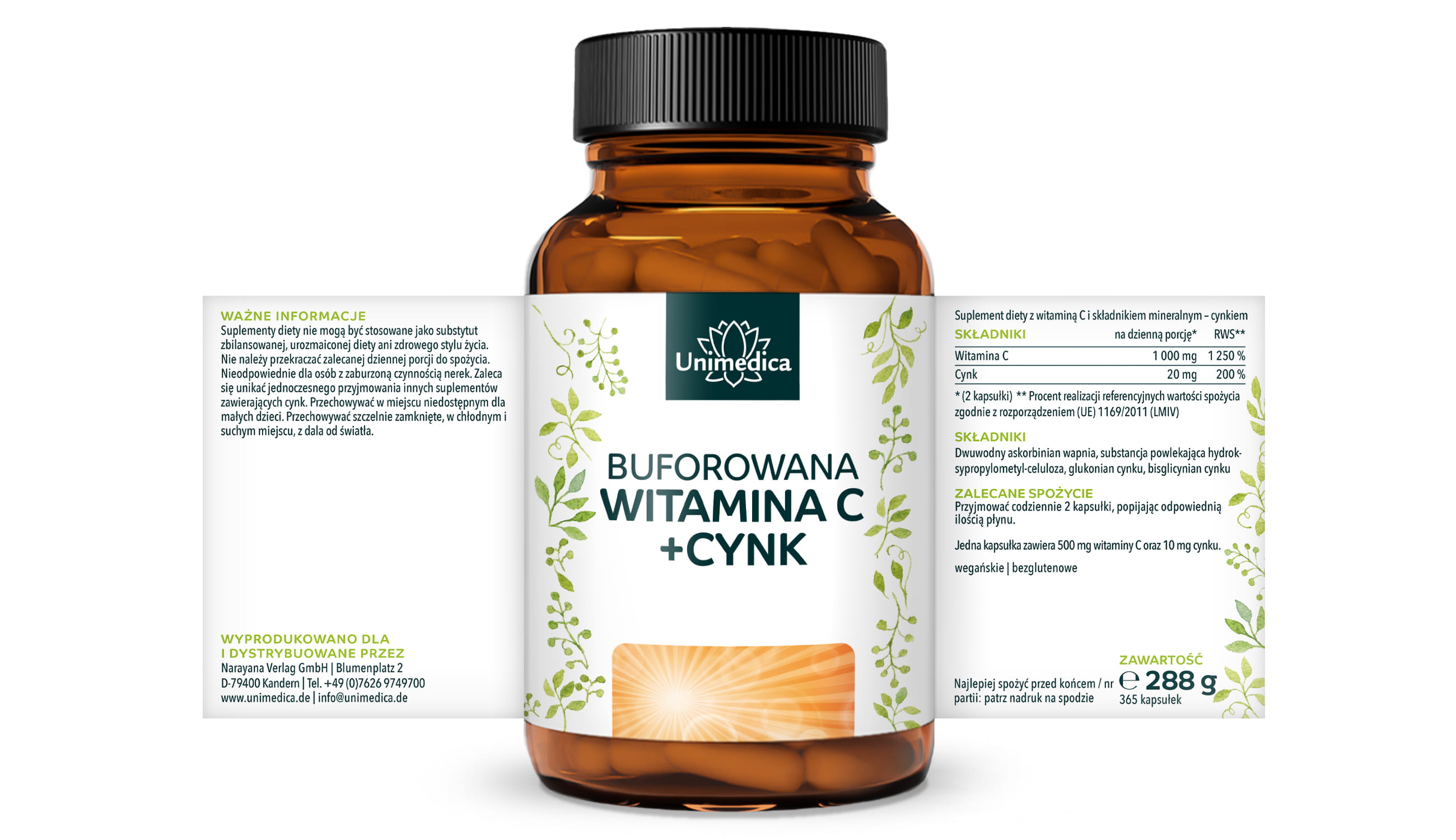 Witamina C - buforowana i z cynkiem - 1000 mg witaminy C i 20 mg cynku na dzienną dawkę (2 kapsułki) - 365 kapsułek - od Unimedica