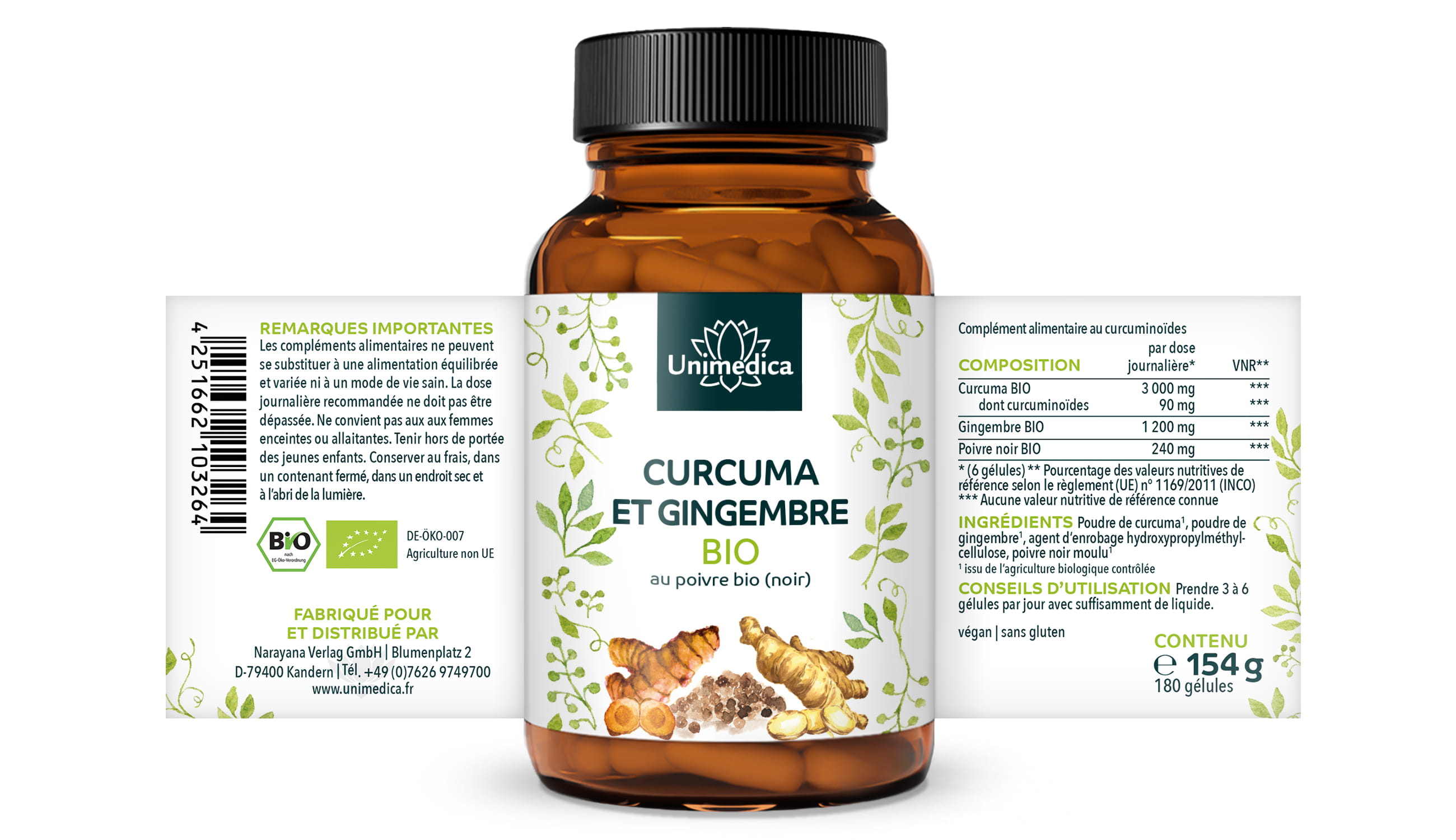 Curcuma et gingembre BIO au poivre (noir) BIO - 180 gélules - par Unimedica