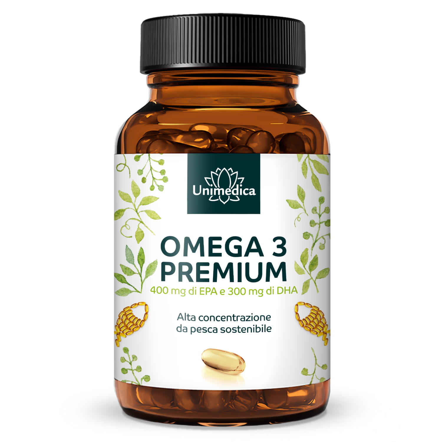 Omega 3 - Olio di pesce premium con 400 mg di EPA e 300 mg di DHA - ad alta concentrazione - da pesca sostenibile - 1.000 mg per dose giornaliera (1 capsula) - 120 capsule molli - di Unimedica