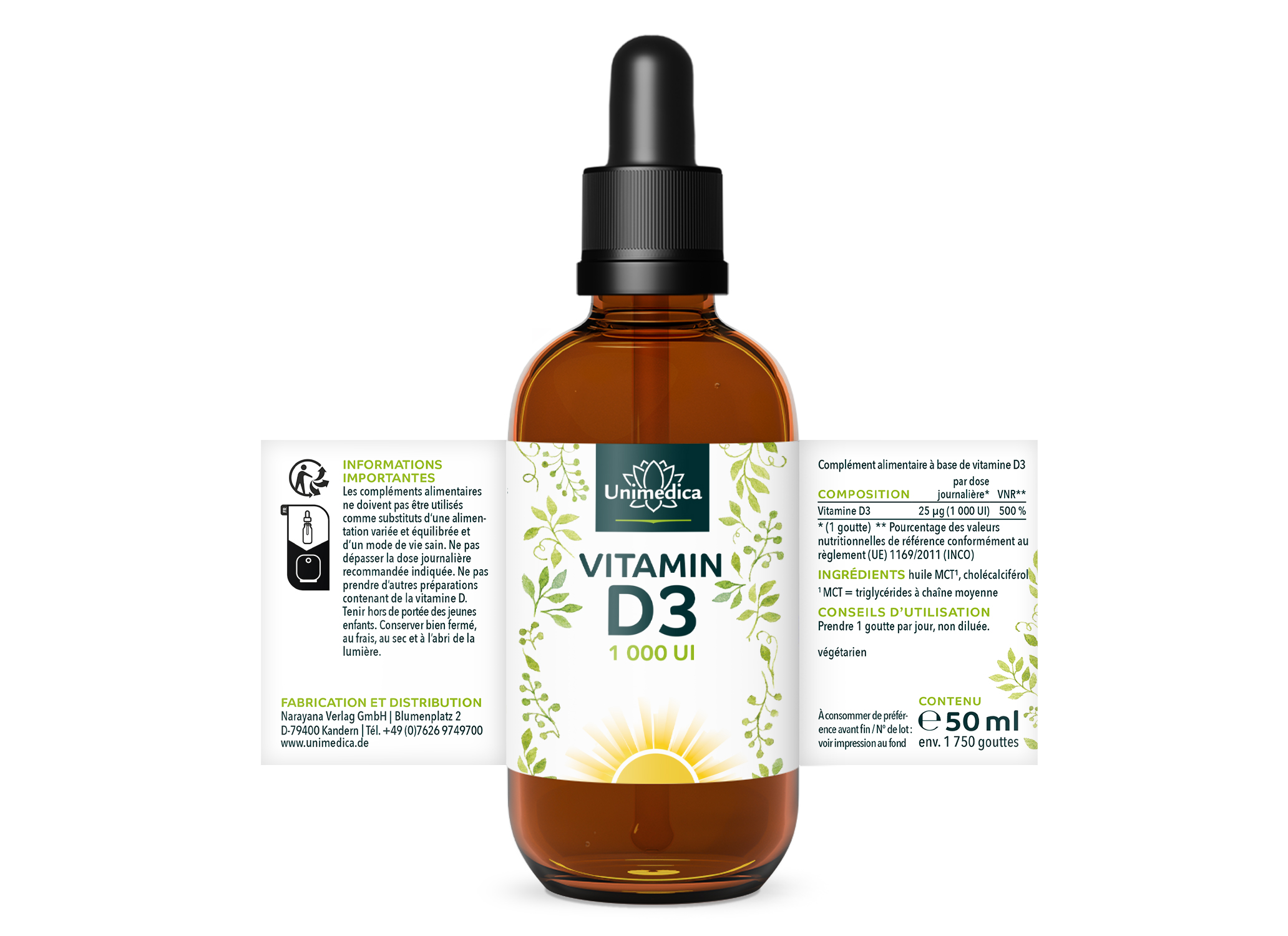 Vitamine D3 gouttes - 1000 U.I./25 µg par dose journalière - 50 ml - Unimedica