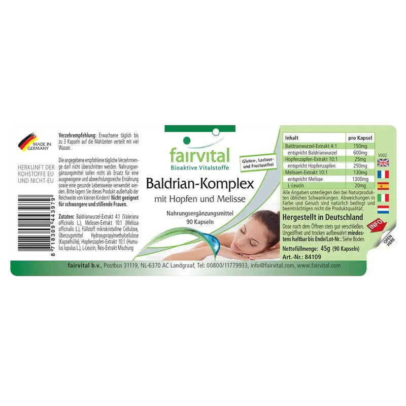 Baldrian Komplex mit Hopfen und Melisse - 90 Kapseln