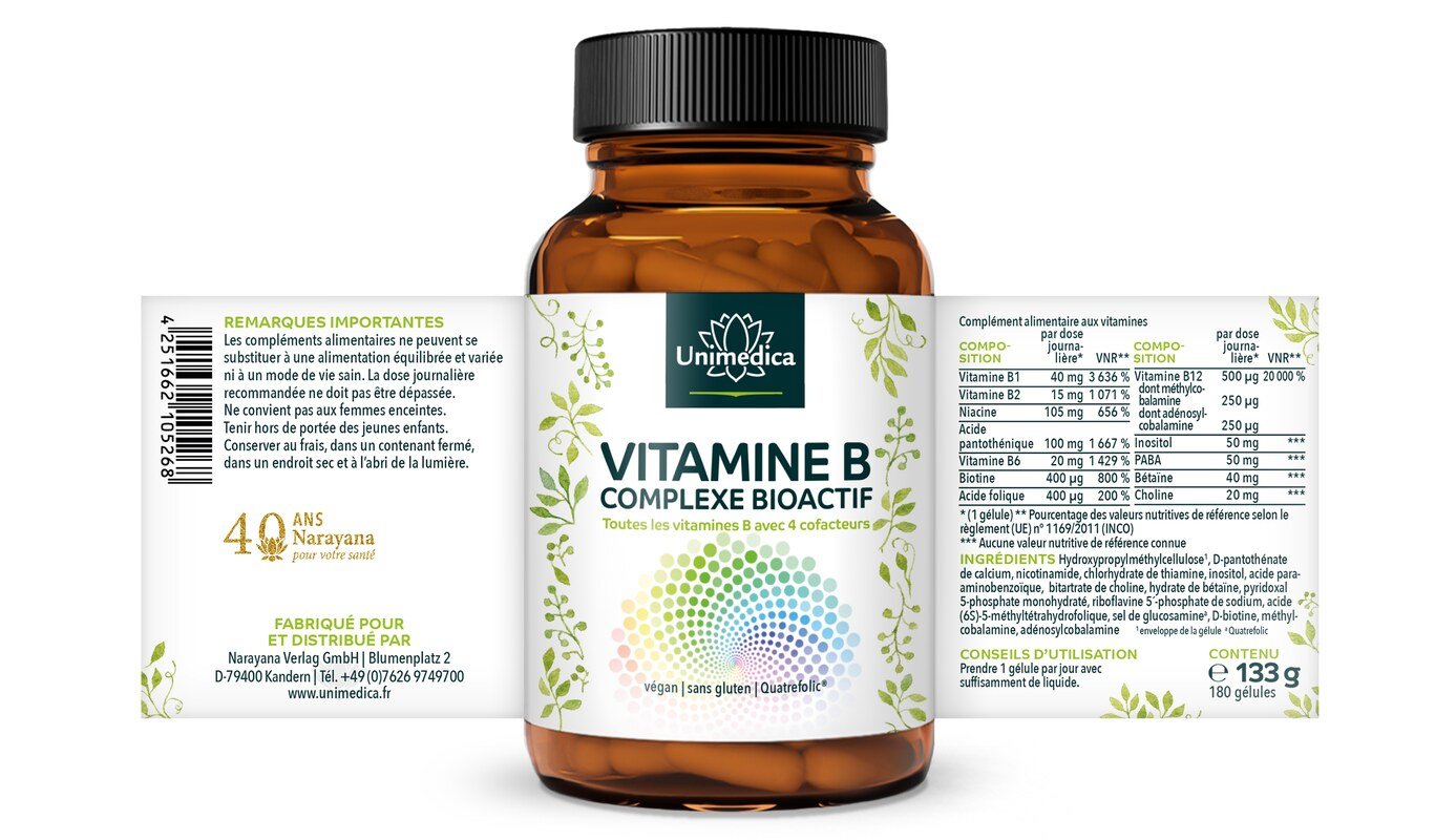 Complexe vitamine B  bioactif  avec 4 cofacteurs  hautement dosé  180 gélules  par Unimedica