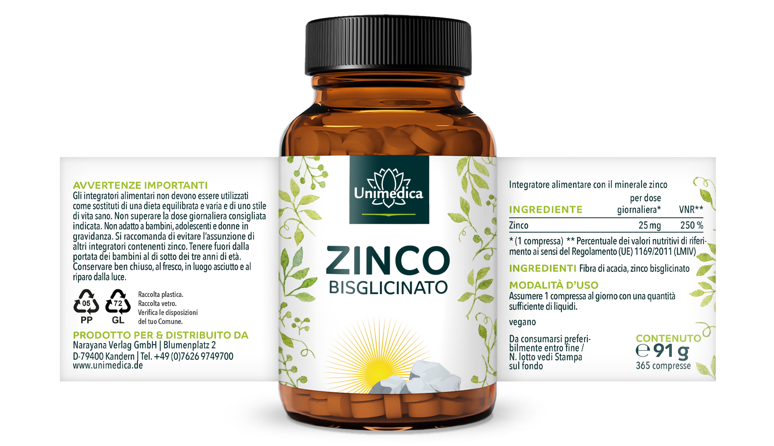 Zinco bisglicinato - 25 mg di zinco per dose giornaliera (1 compressa) - ad alto dosaggio - 365 compresse