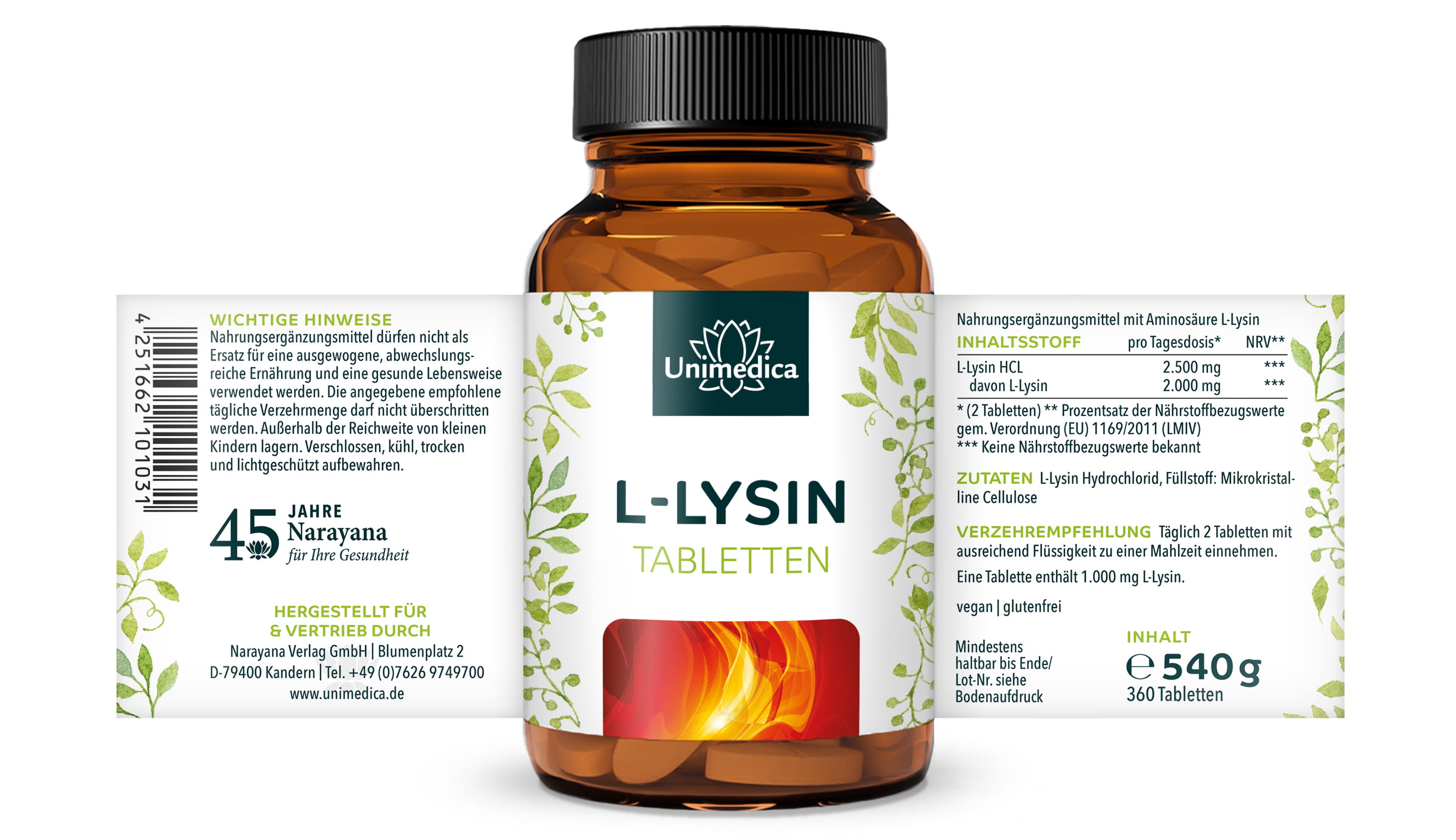 L-Lysin HCl - 2.000 mg pro Tagesdosis (2 Tabletten) - 360 Tabletten - von Unimedica