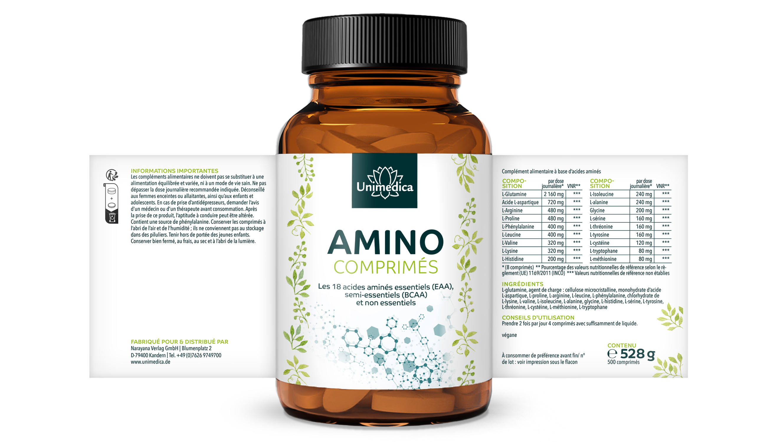 Comprimés d'acides aminés - 500 comprimés à 1 000 mg - tous les 18 acides aminés essentiels (EAA), semi-essentiels (BCAA) et non essentiels - d'Unimedica