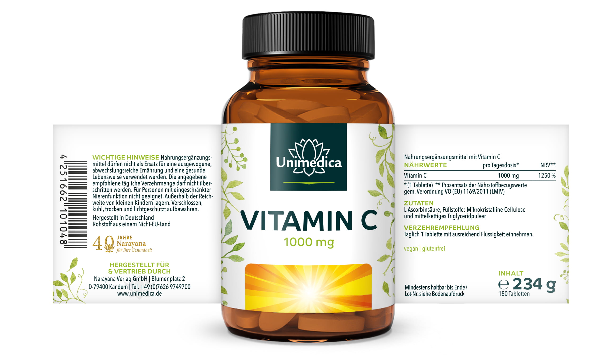 Vitamin C - 1000 mg pro Tagesdosis (1 Tablette) - 99 % Reinheit - hochdosiert - 180 Tabletten - von Unimedica